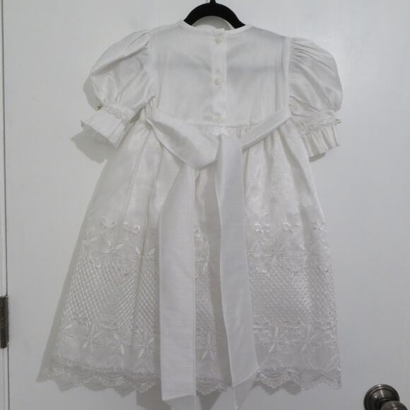 Kids Sz 3 White Baptism Christening Dress Embroidered Bows Flowers Puffy Sleeves - Picture 2 of 7